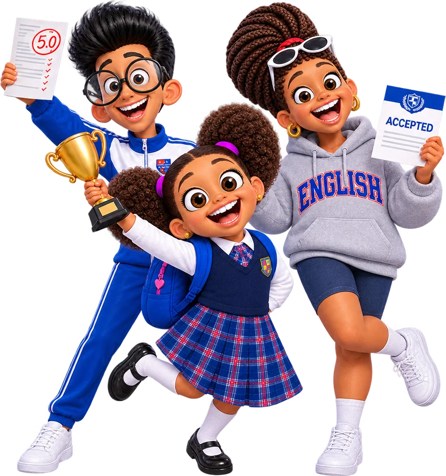 Tres estudiantes de Wonder School, niña, niño y adolescente, celebrando sus logros