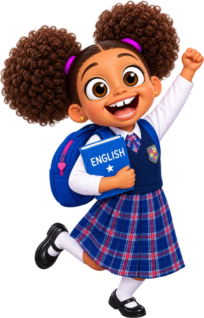 Niña de Wonder School saltando feliz con su libro de inglés